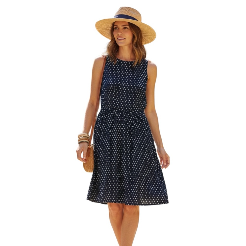 Ann Taylor Loft Navy White Dot Dress Sleeveless Open Back S Preppy Chic Coastal